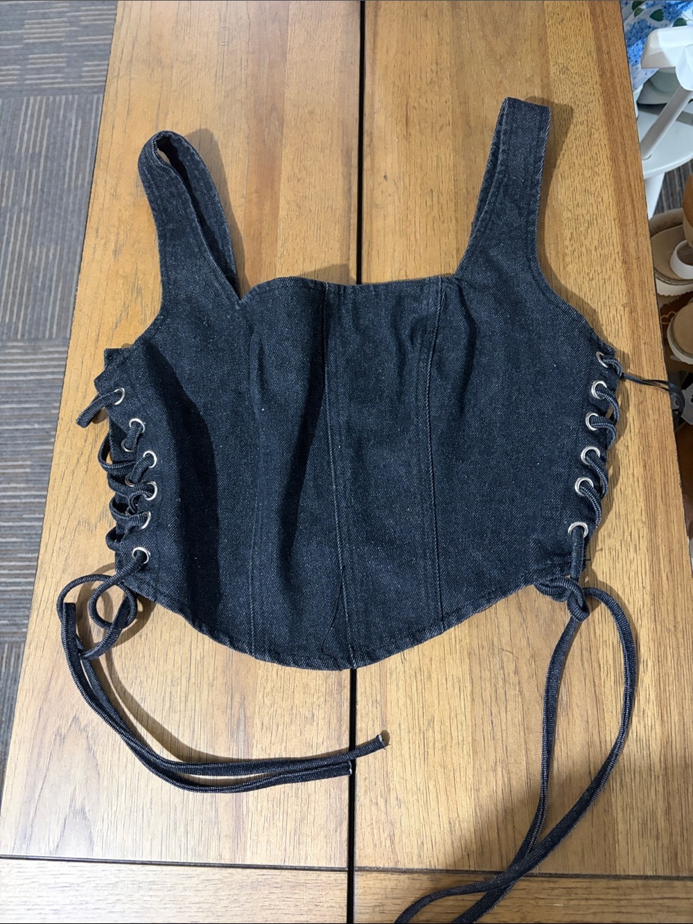 Altar'd State Black Lace-Up Denim Corset Top